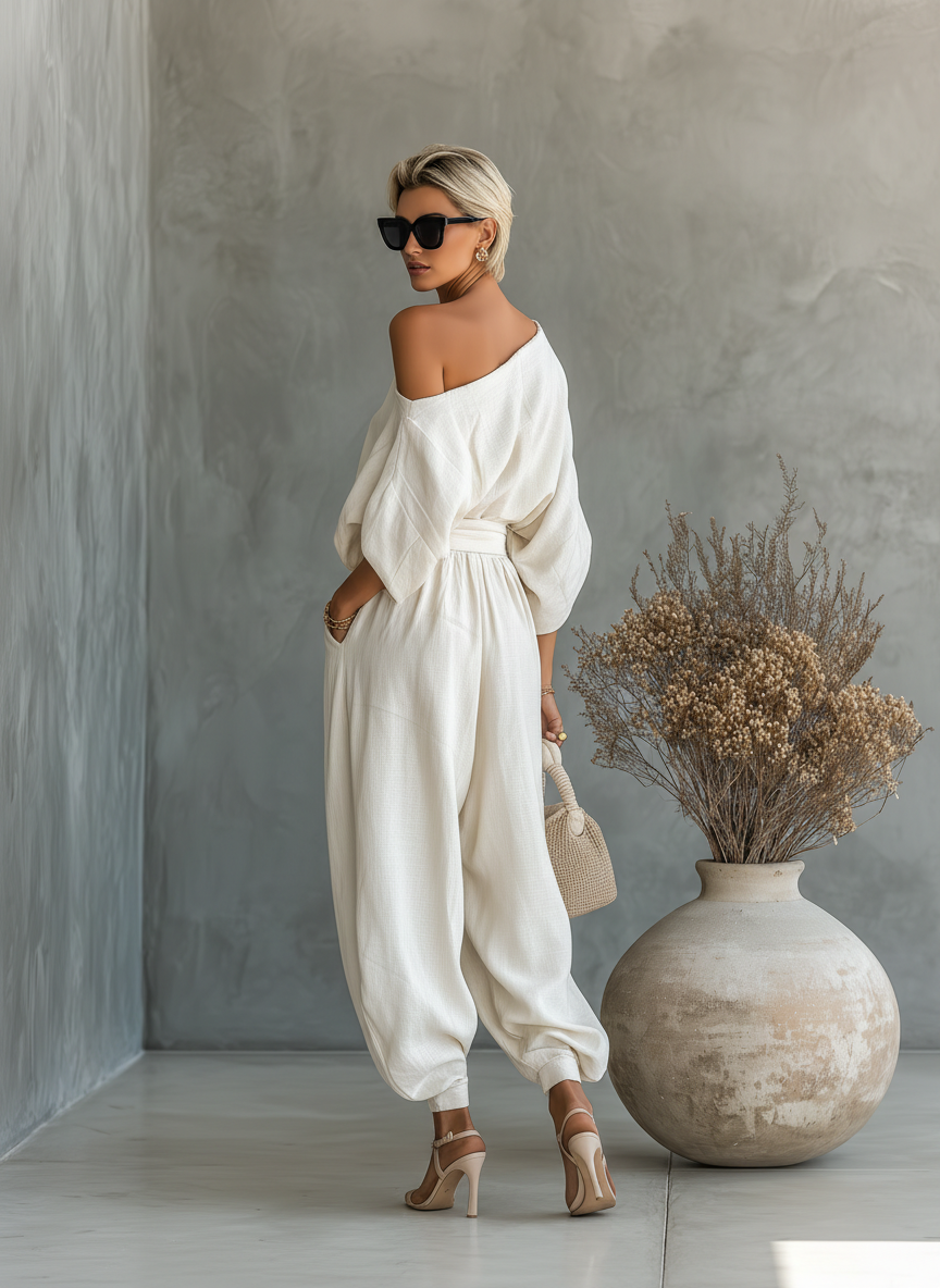 Completo donna con top spalle scoperte e pantaloni affusolati – Leggero e chic