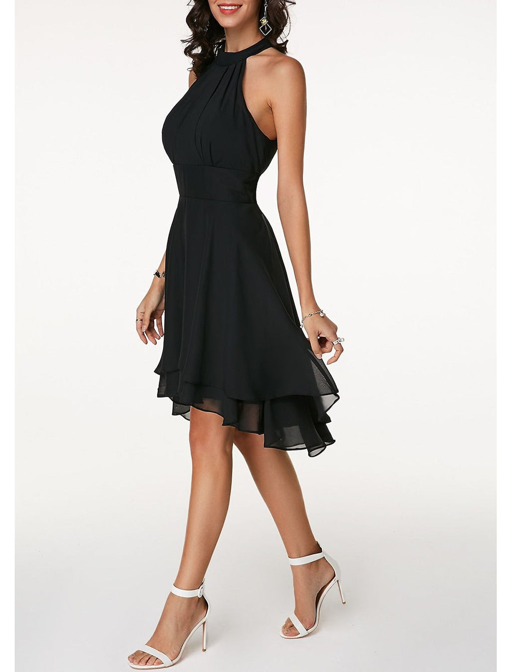 Abito da cocktail da donna a trapezio, lunghezza al ginocchio - con scollo all'americana e volant in chiffon, senza maniche, stile festa