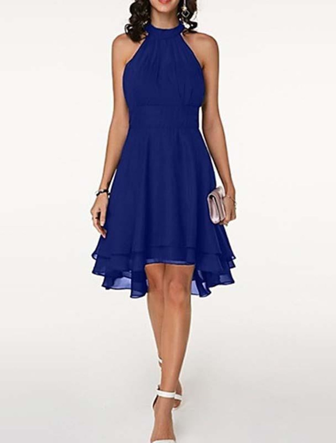 Abito da cocktail da donna a trapezio, lunghezza al ginocchio - con scollo all'americana e volant in chiffon, senza maniche, stile festa