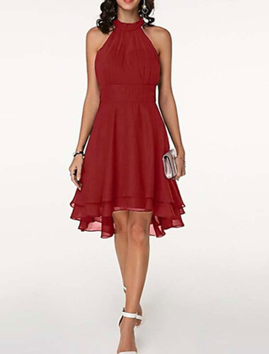 Abito da cocktail da donna a trapezio, lunghezza al ginocchio - con scollo all'americana e volant in chiffon, senza maniche, stile festa