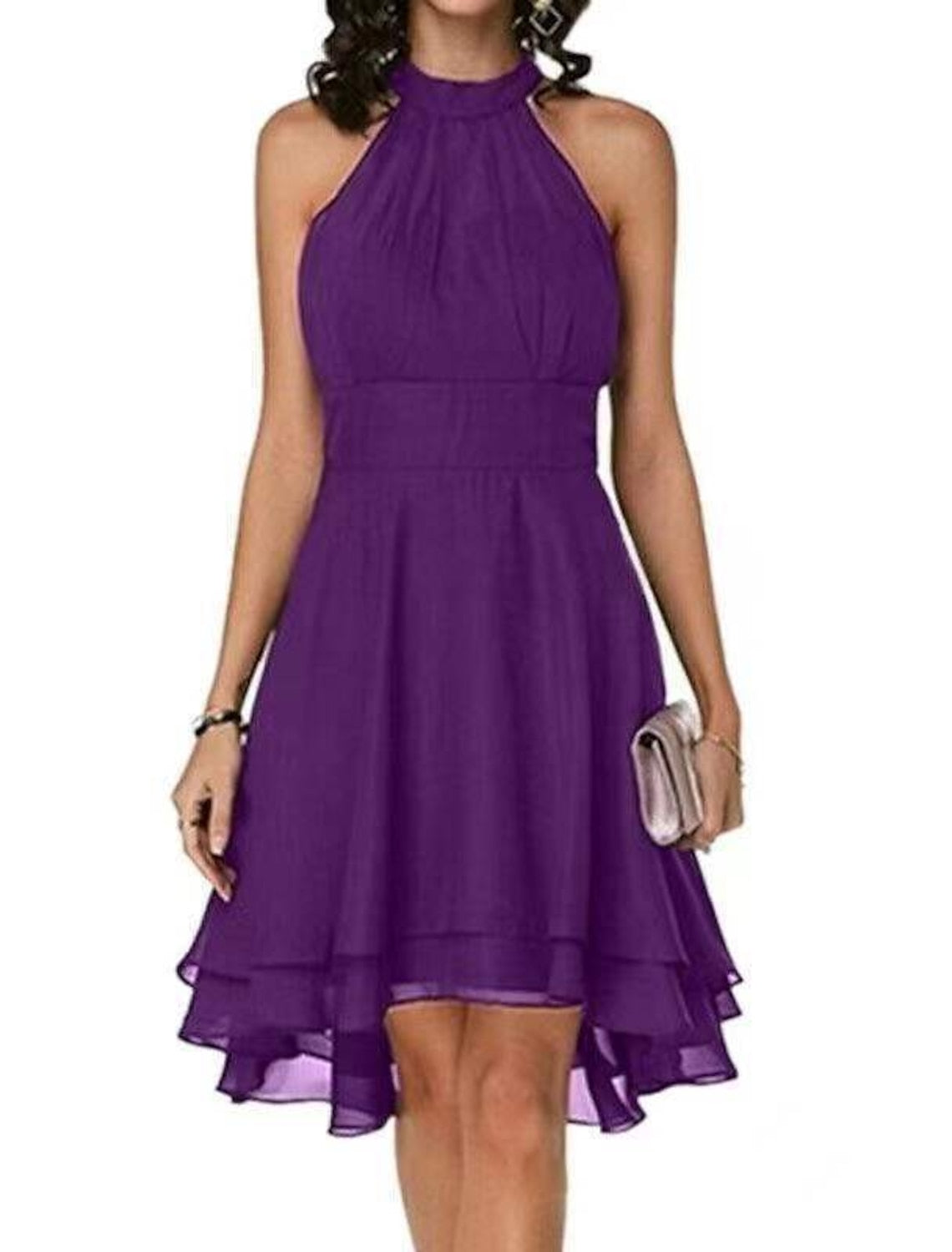 Abito da cocktail da donna a trapezio, lunghezza al ginocchio - con scollo all'americana e volant in chiffon, senza maniche, stile festa