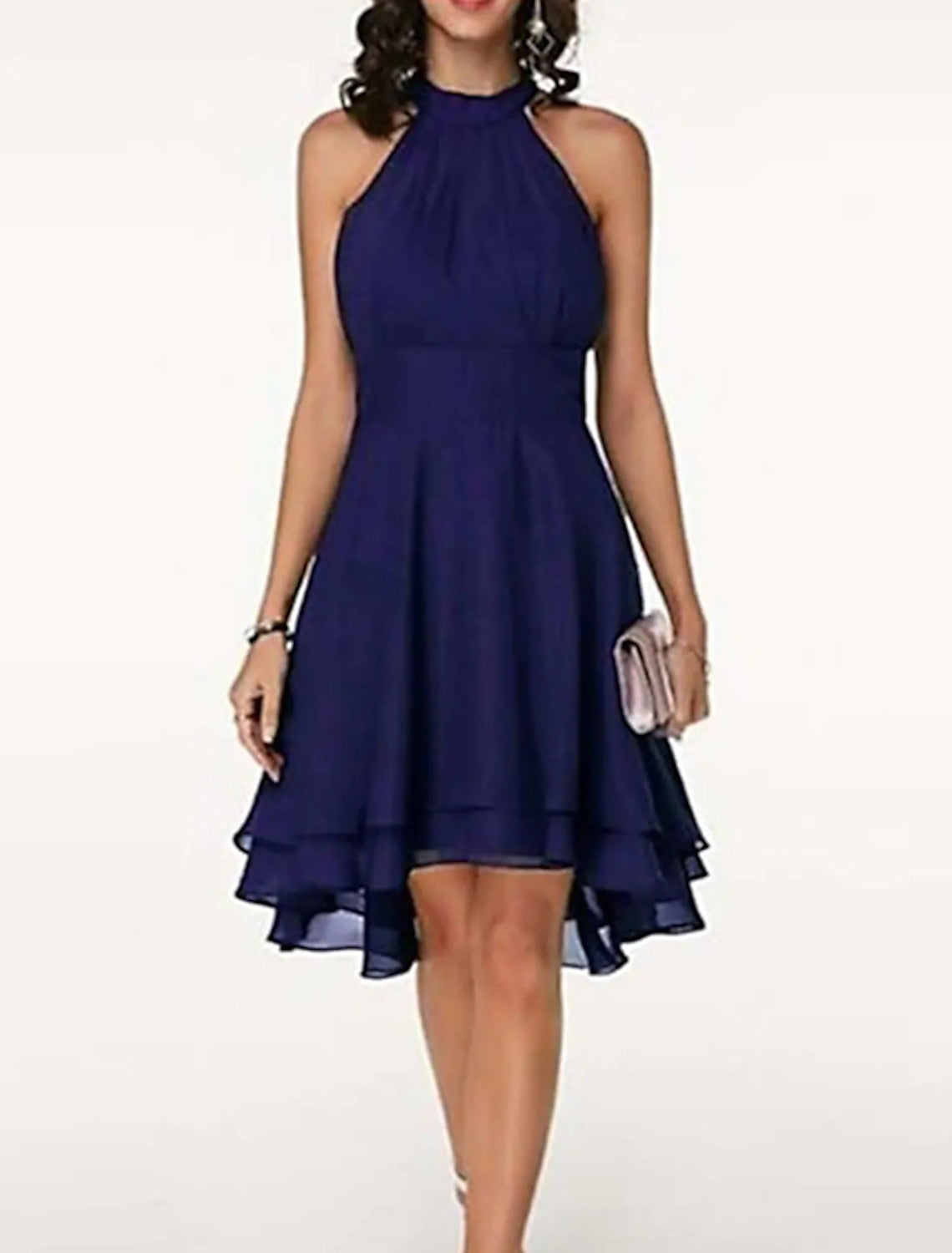 Abito da cocktail da donna a trapezio, lunghezza al ginocchio - con scollo all'americana e volant in chiffon, senza maniche, stile festa
