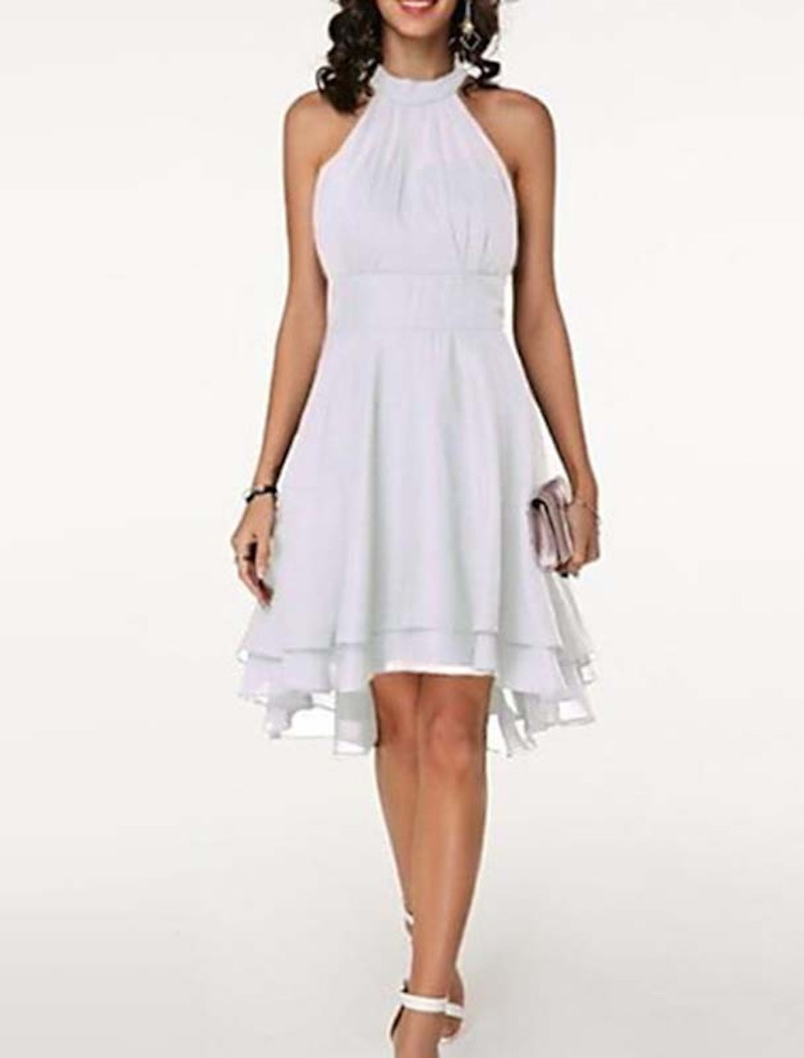 Abito da cocktail da donna a trapezio, lunghezza al ginocchio - con scollo all'americana e volant in chiffon, senza maniche, stile festa