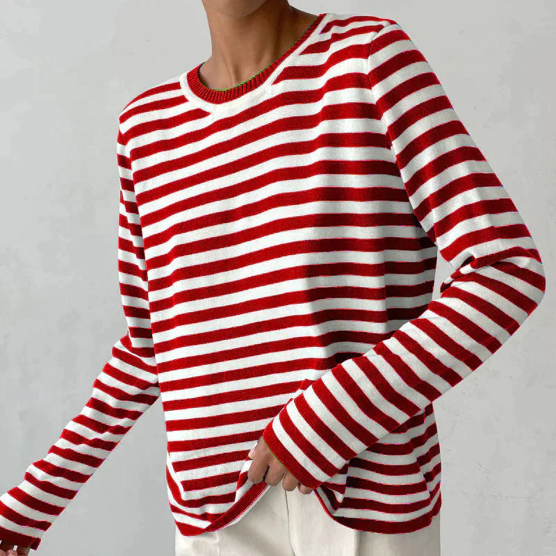 Felpa da donna a righe a maniche lunghe in maglia – Top casual con scollo rotondo