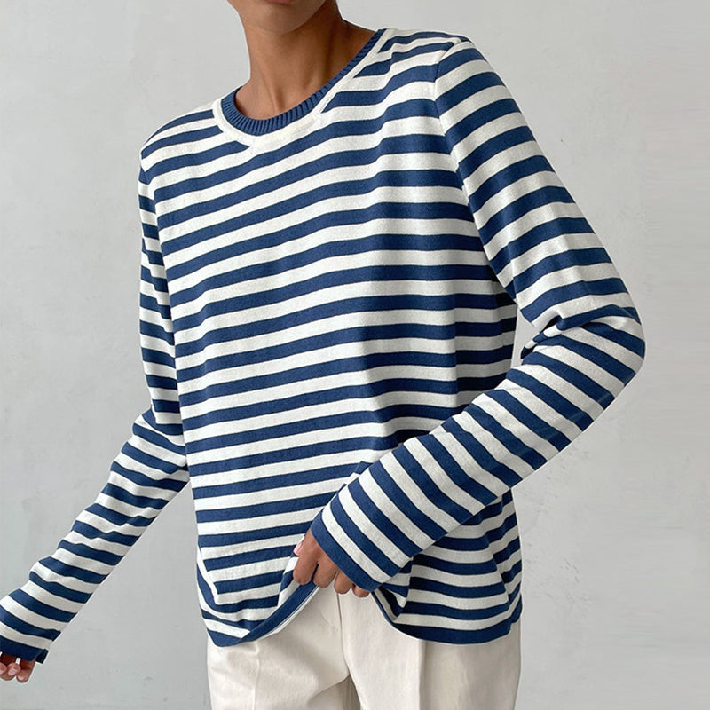 Felpa da donna a righe a maniche lunghe in maglia – Top casual con scollo rotondo