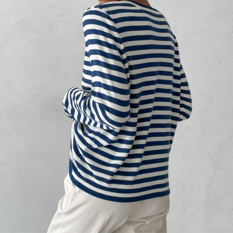 Felpa da donna a righe a maniche lunghe in maglia – Top casual con scollo rotondo