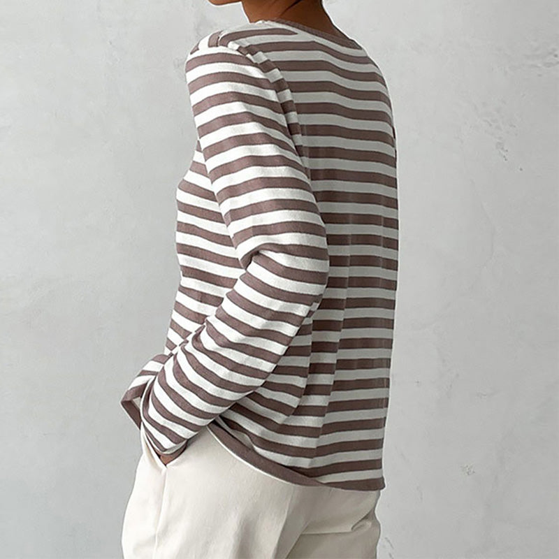 Felpa da donna a righe a maniche lunghe in maglia – Top casual con scollo rotondo