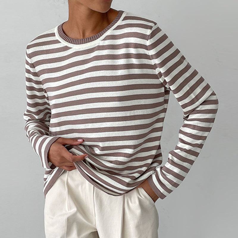 Felpa da donna a righe a maniche lunghe in maglia – Top casual con scollo rotondo