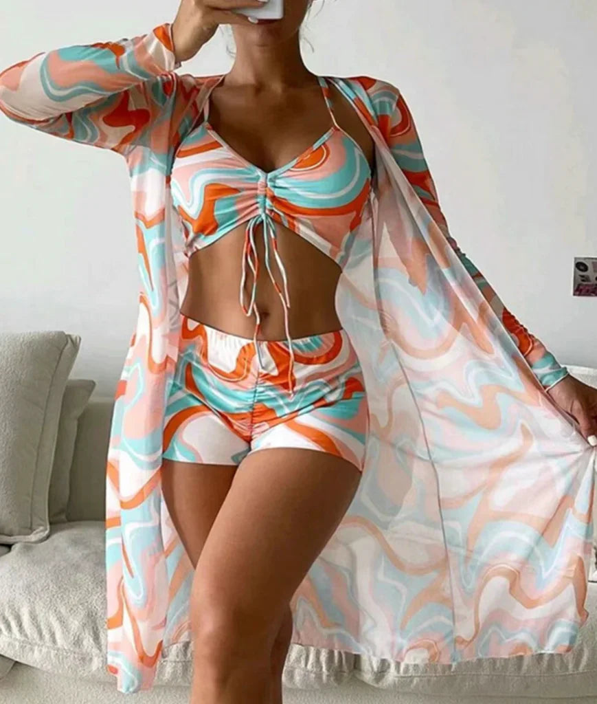 Costume da bagno da donna tre pezzi con copricostume stampato - Tendenza ed estivo