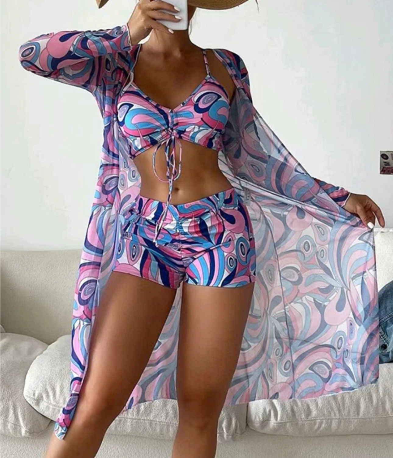 Costume da bagno da donna tre pezzi con copricostume stampato - Tendenza ed estivo