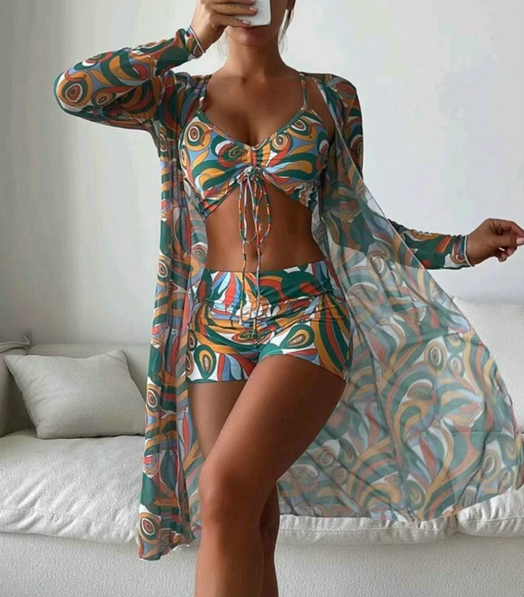 Costume da bagno da donna tre pezzi con copricostume stampato - Tendenza ed estivo