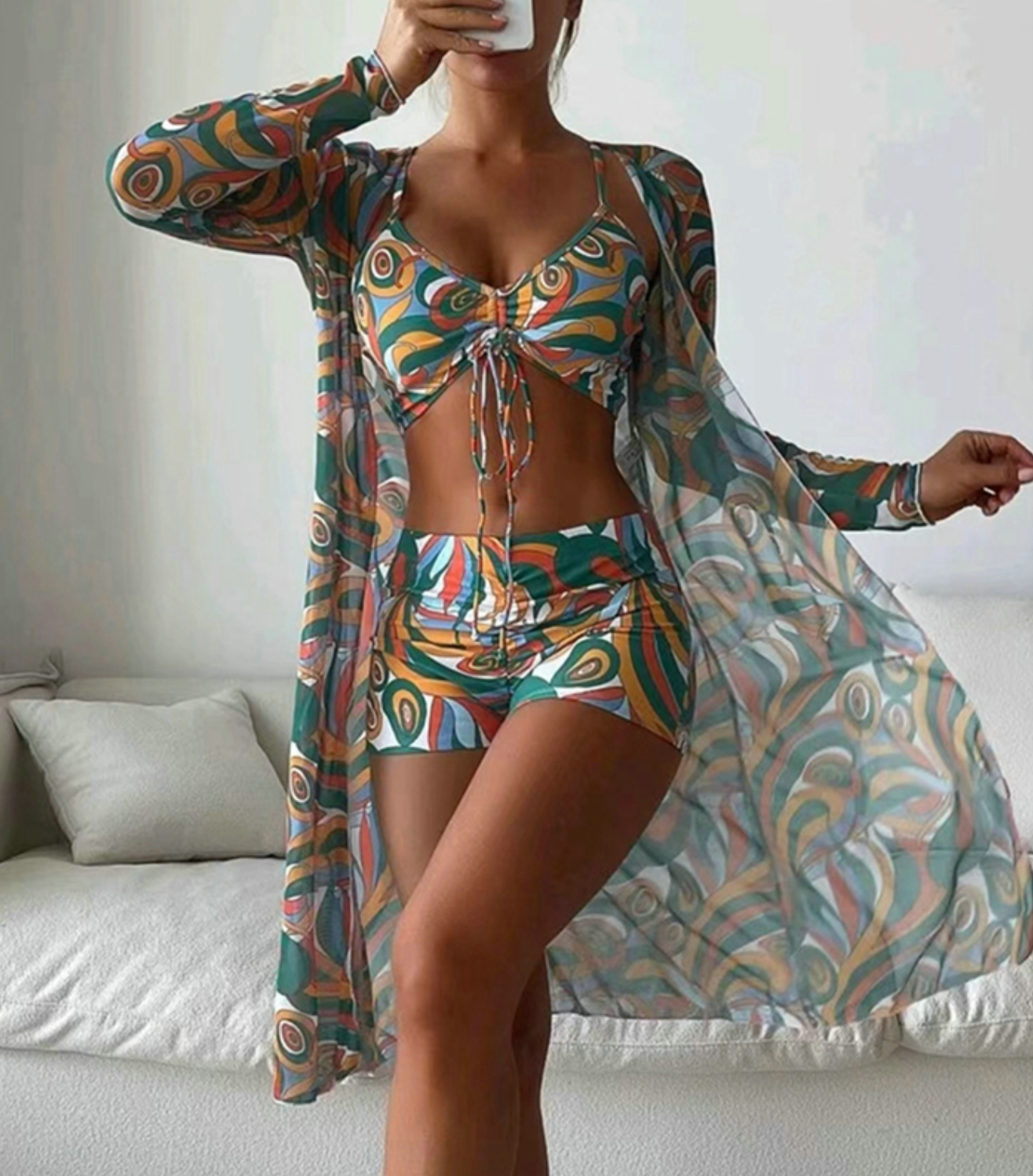 Costume da bagno da donna tre pezzi con copricostume stampato - Tendenza ed estivo