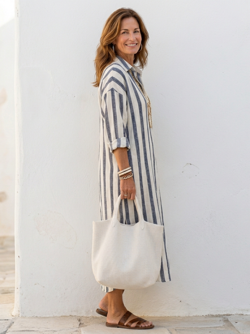 Abito chemisier midi da donna a righe – Maniche lunghe e stile elegante