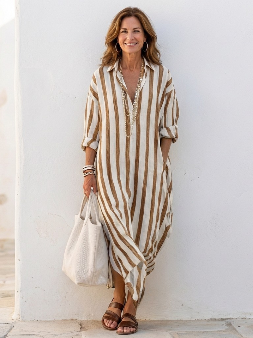 Abito chemisier midi da donna a righe – Maniche lunghe e stile elegante
