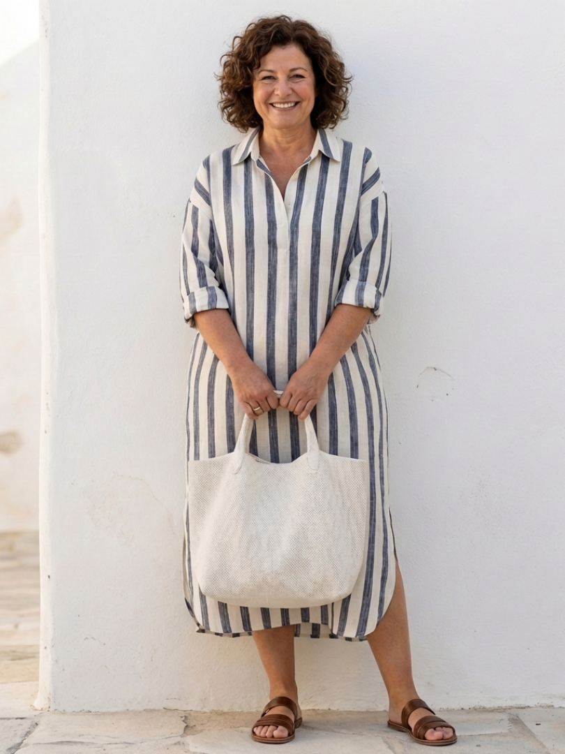 Abito chemisier midi da donna a righe – Maniche lunghe e stile elegante