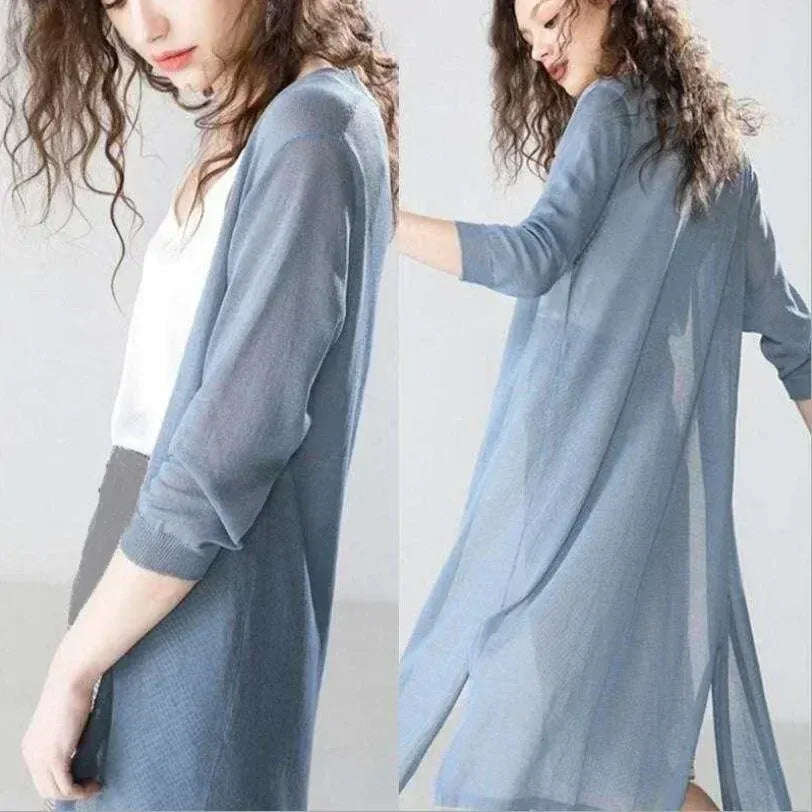 Cardigan lungo aperto leggero da donna con maniche a 3/4