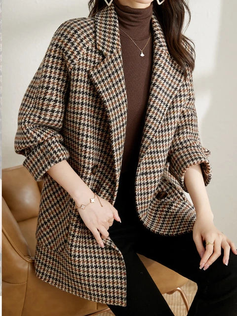 Cappotto in lana pied de poule da donna – Elegante cappotto oversize con revers