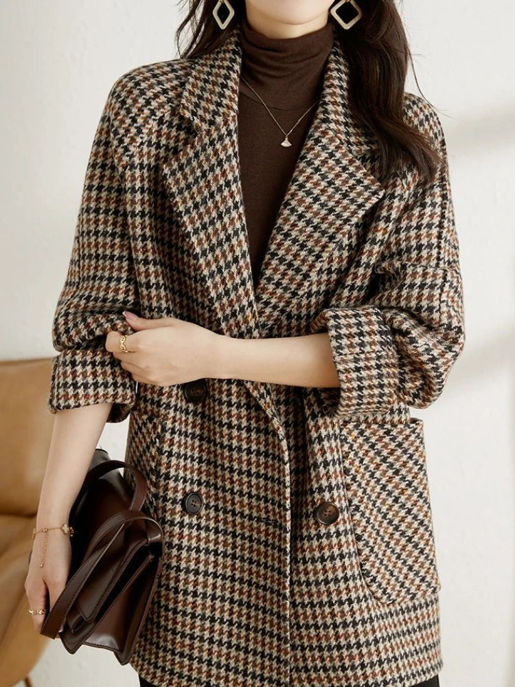 Cappotto in lana pied de poule da donna – Elegante cappotto oversize con revers