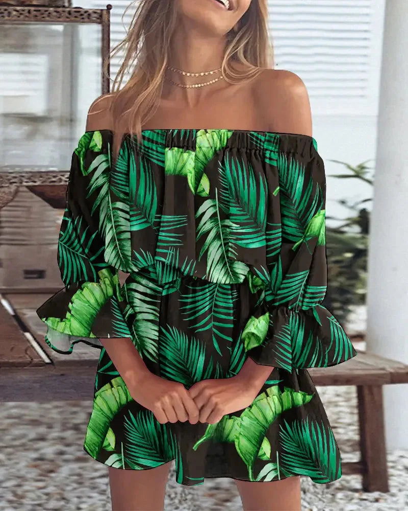 Mini abito floreale off-shoulder da donna