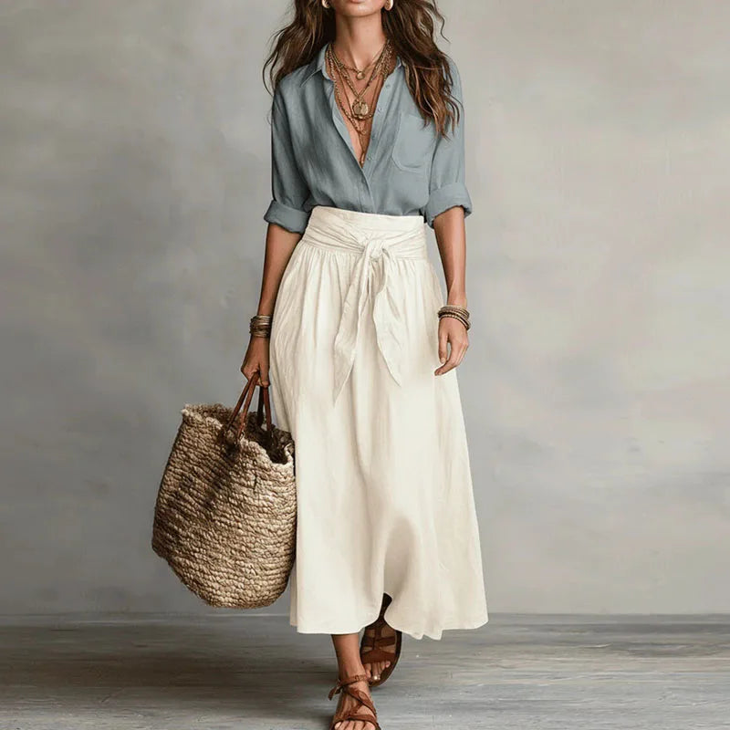 Set da donna in lino con cintura da annodare e gonna ampia - Chic ed estivo