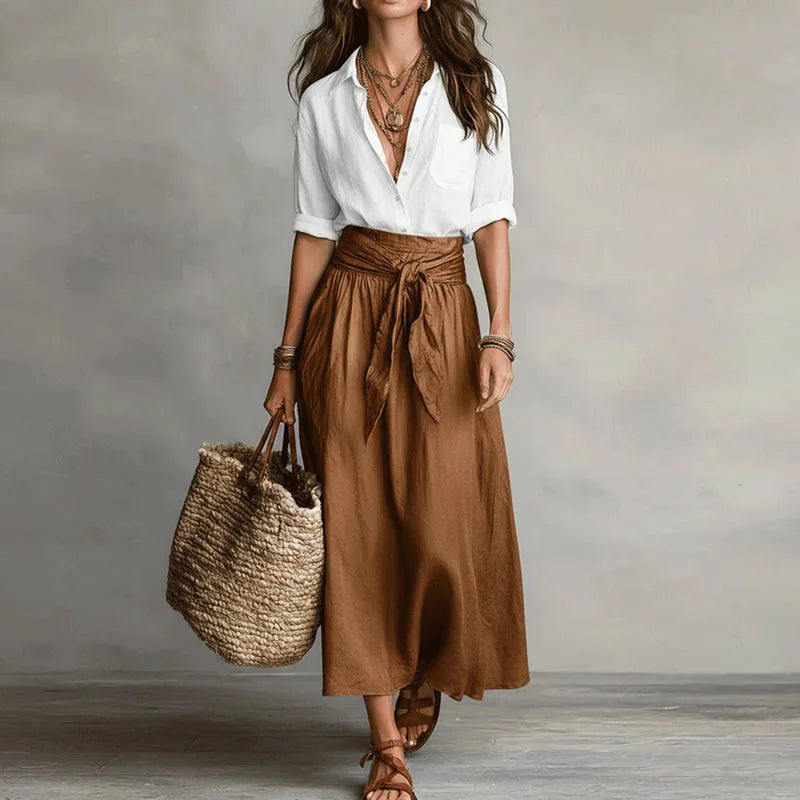 Set da donna in lino con cintura da annodare e gonna ampia - Chic ed estivo