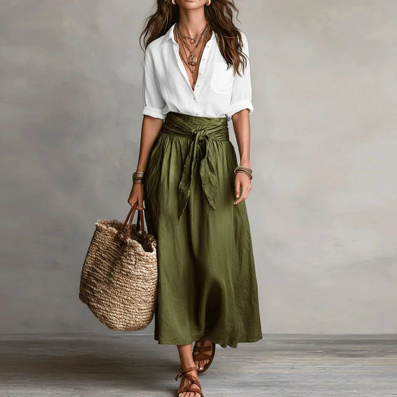 Set da donna in lino con cintura da annodare e gonna ampia - Chic ed estivo
