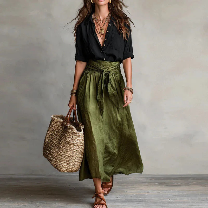 Set da donna in lino con cintura da annodare e gonna ampia - Chic ed estivo