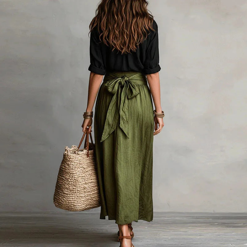 Set da donna in lino con cintura da annodare e gonna ampia - Chic ed estivo