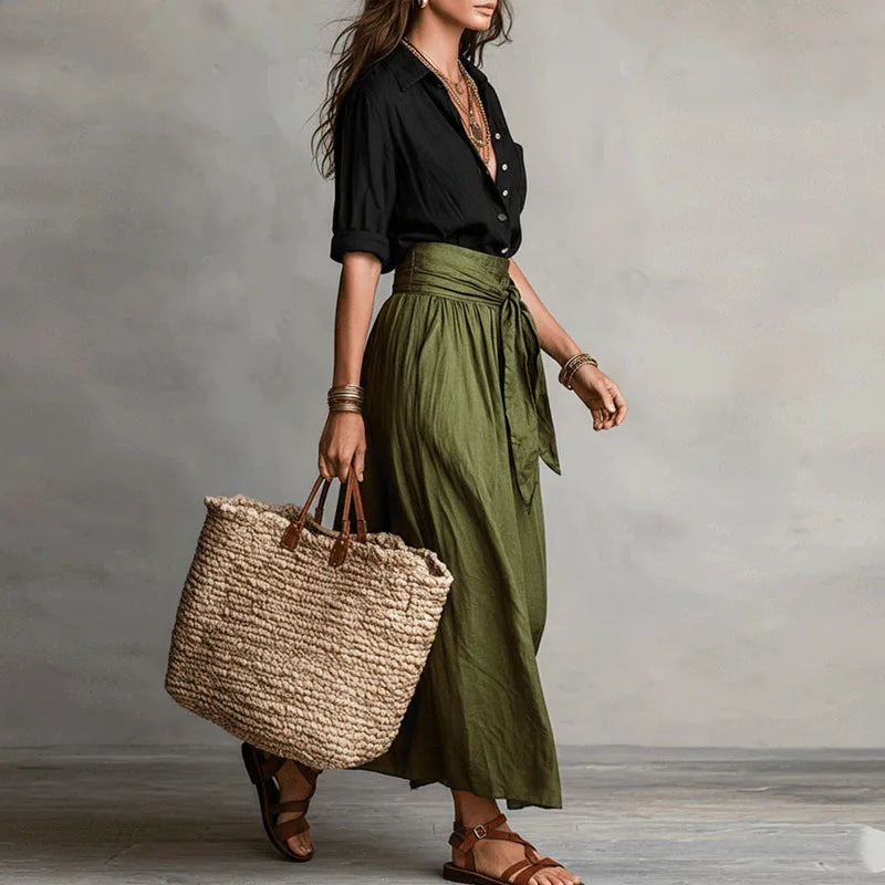 Set da donna in lino con cintura da annodare e gonna ampia - Chic ed estivo