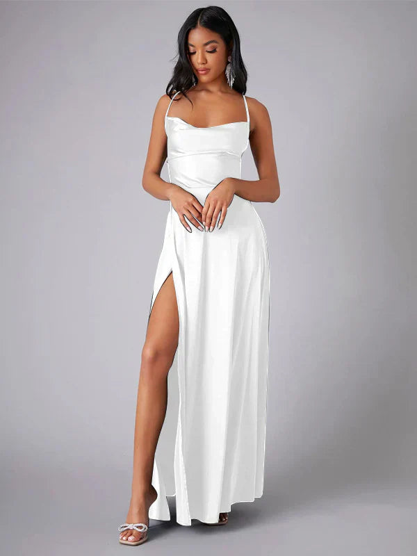 Abito da sera in satin da donna con schiena scoperta e spacco - Elegante e glamour