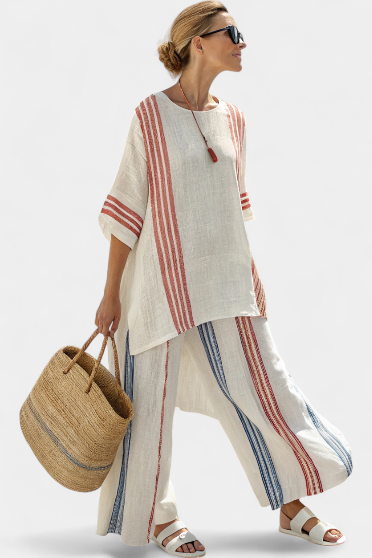 Set da donna a righe multicolore – Top sofisticato e pantaloni fluidi