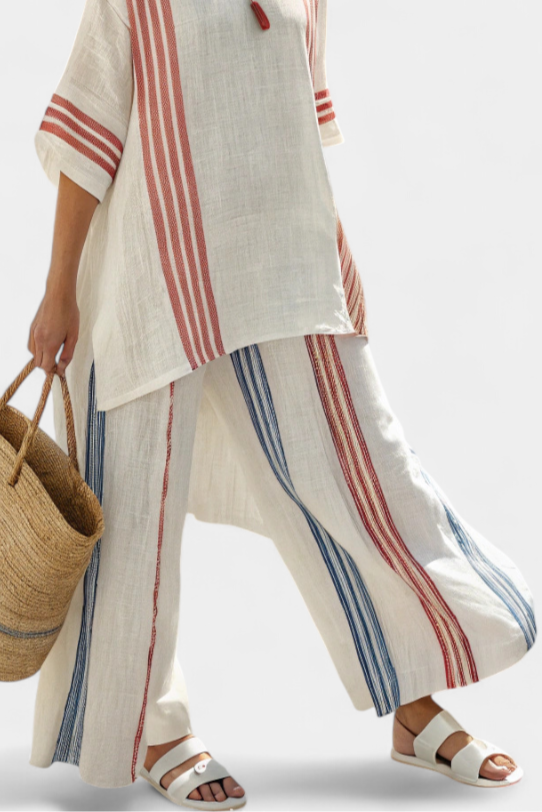 Set da donna a righe multicolore – Top sofisticato e pantaloni fluidi