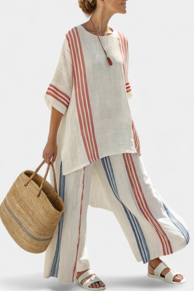 Set da donna a righe multicolore – Top sofisticato e pantaloni fluidi