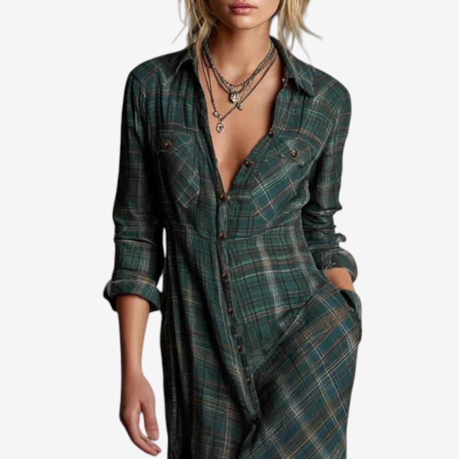 Elegante abito lungo a quadri da donna – Abito casual con colletto