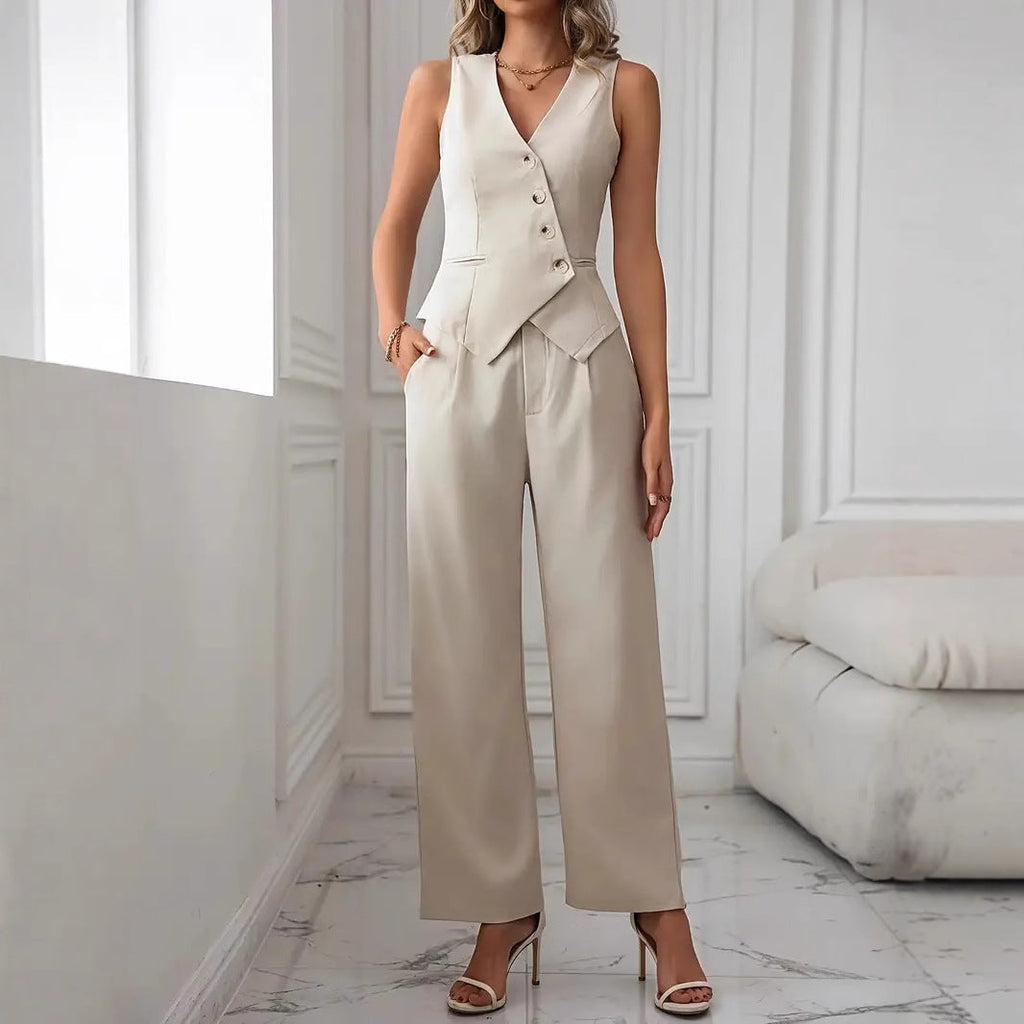 Donna Premium Formale Off-White Gilet Pantaloni Impostato - Elegante, alla moda