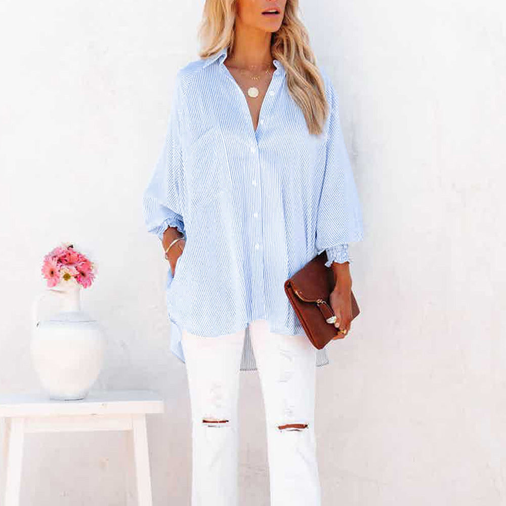Camicia oversize a righe da donna – Abbottonata a maniche lunghe casual