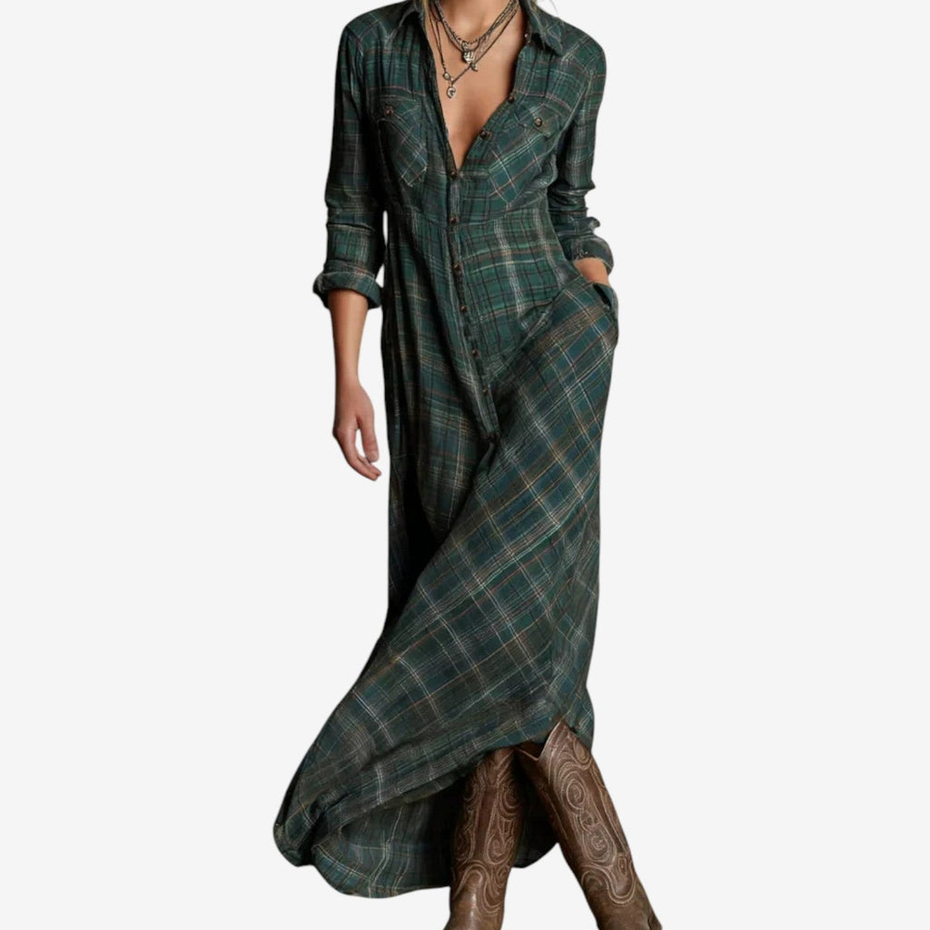 Elegante abito lungo a quadri da donna – Abito casual con colletto