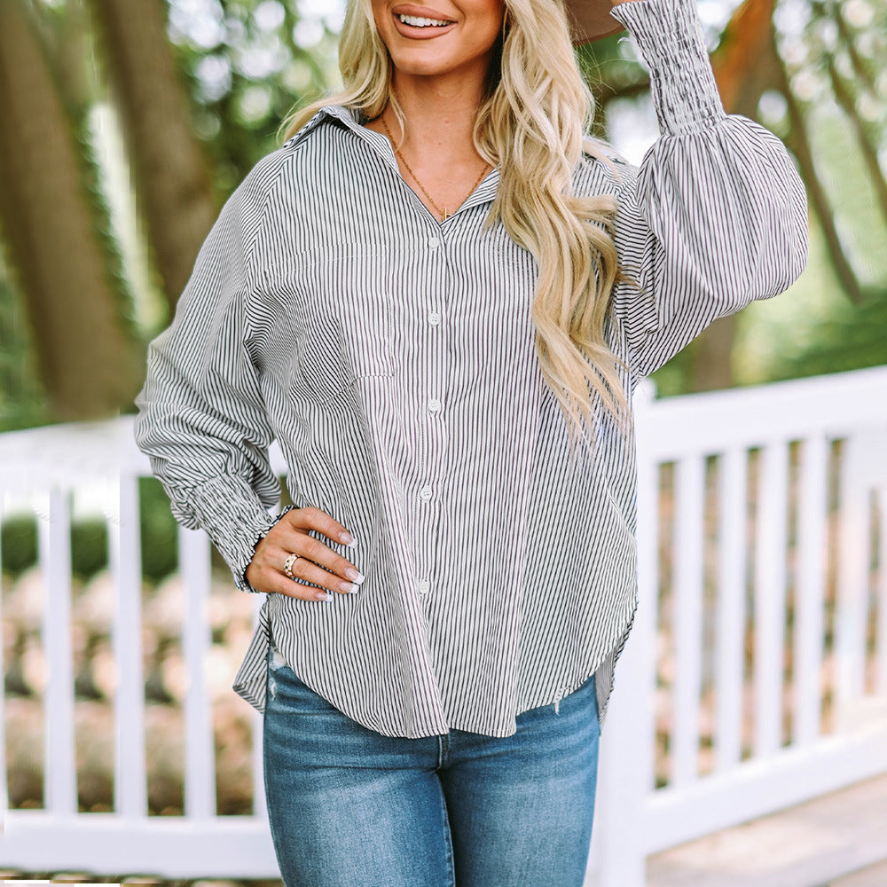 Camicia oversize a righe da donna – Abbottonata a maniche lunghe casual