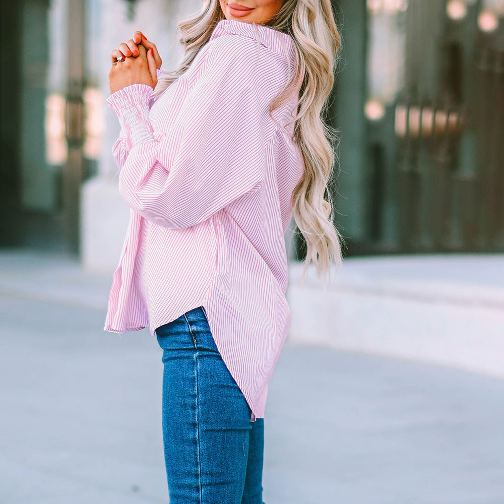 Camicia oversize a righe da donna – Abbottonata a maniche lunghe casual