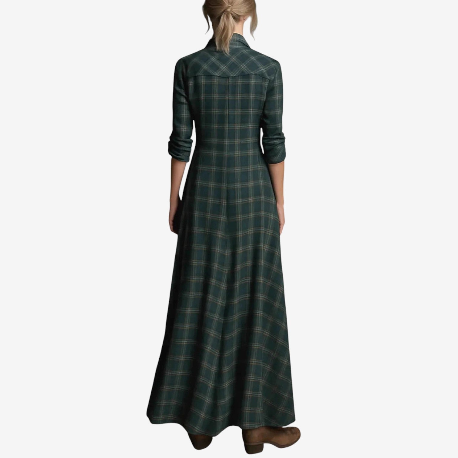 Elegante abito lungo a quadri da donna – Abito casual con colletto