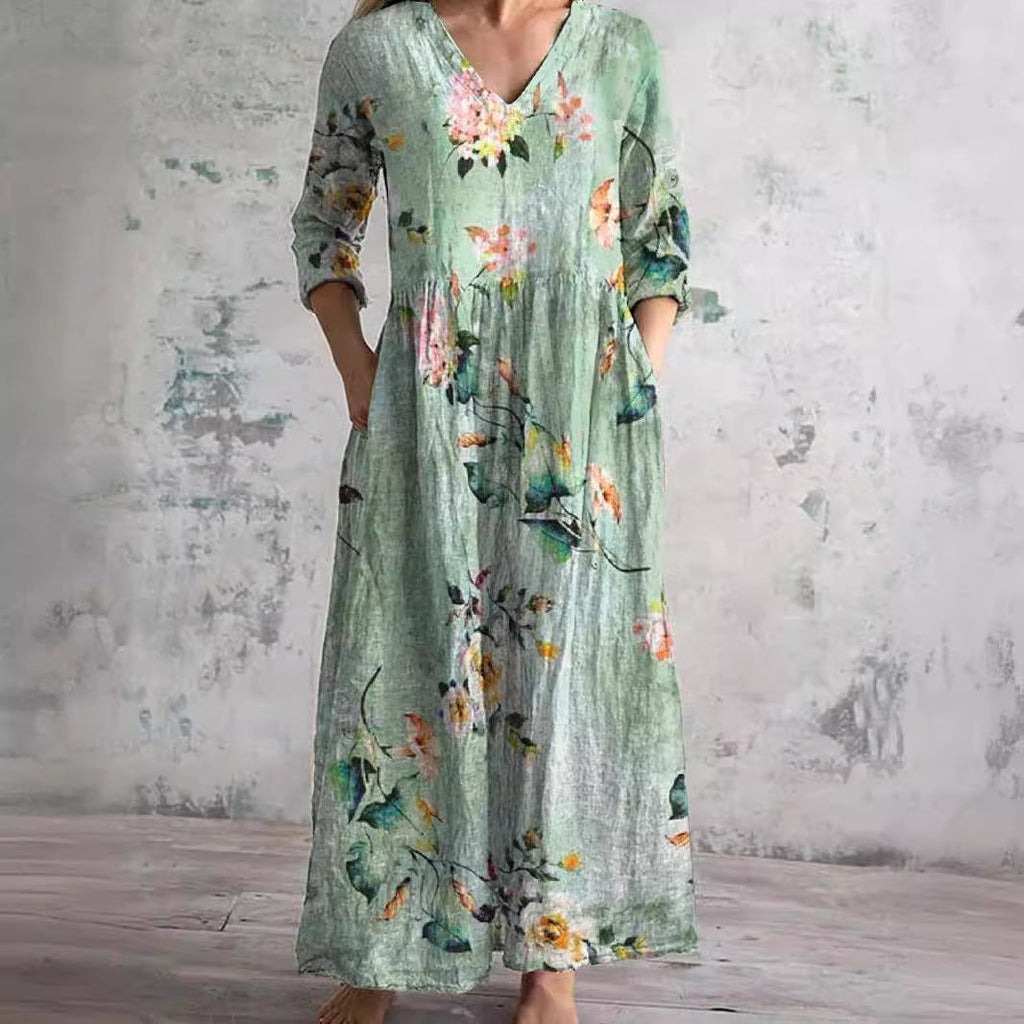 Abito lungo estivo da donna con scollo a V floreale - Abito lungo in stile boho