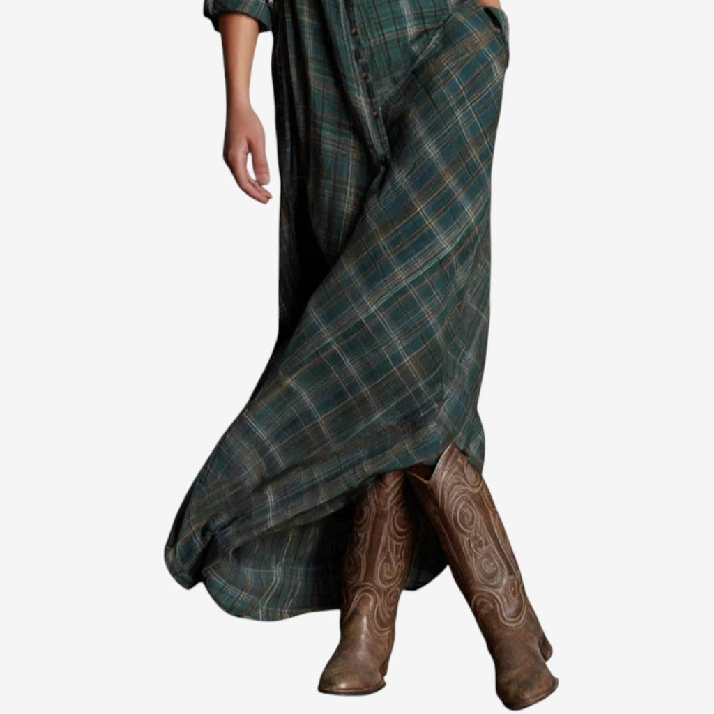 Elegante abito lungo a quadri da donna – Abito casual con colletto