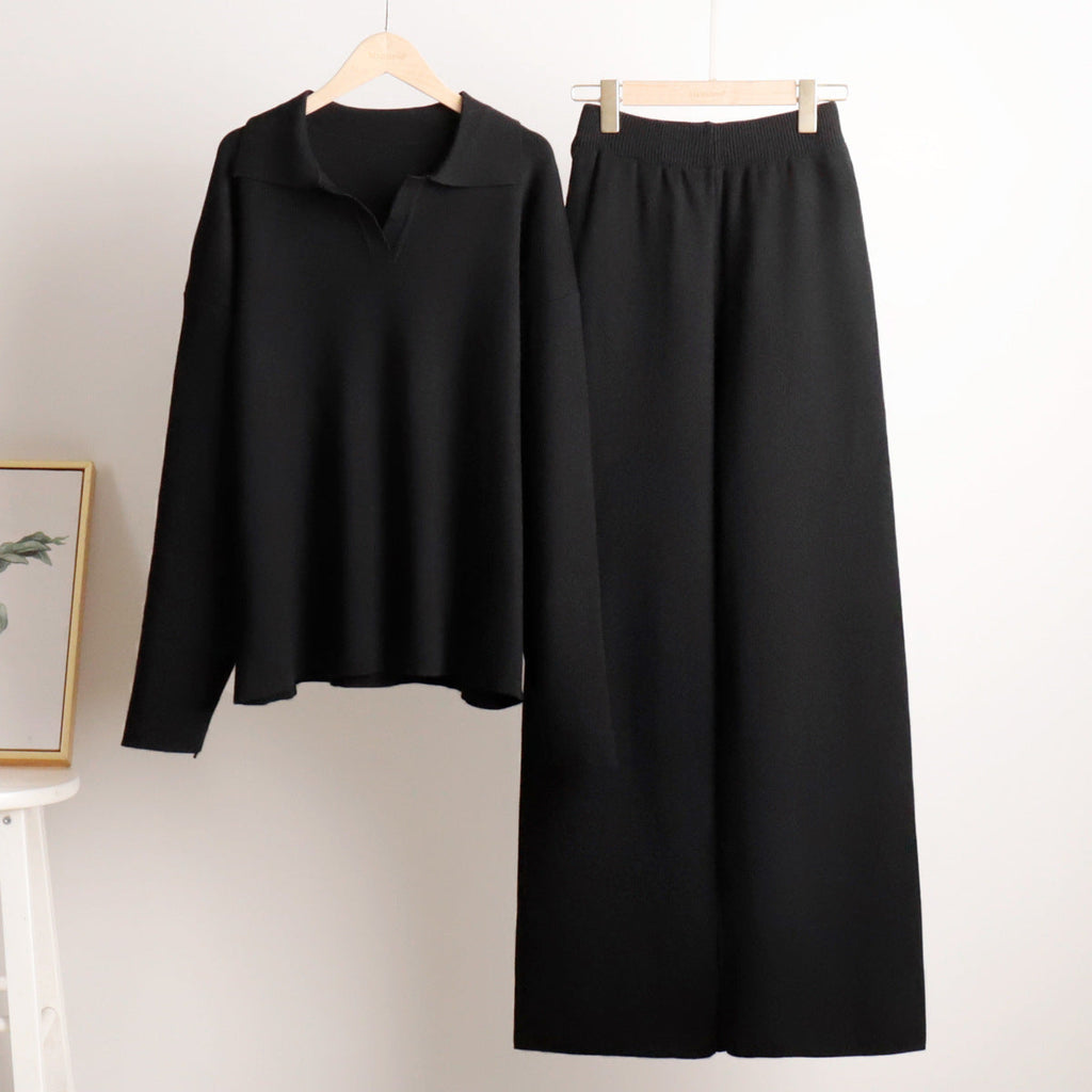 Completo casual elegante da donna - pantaloni a gamba larga e maglione polo