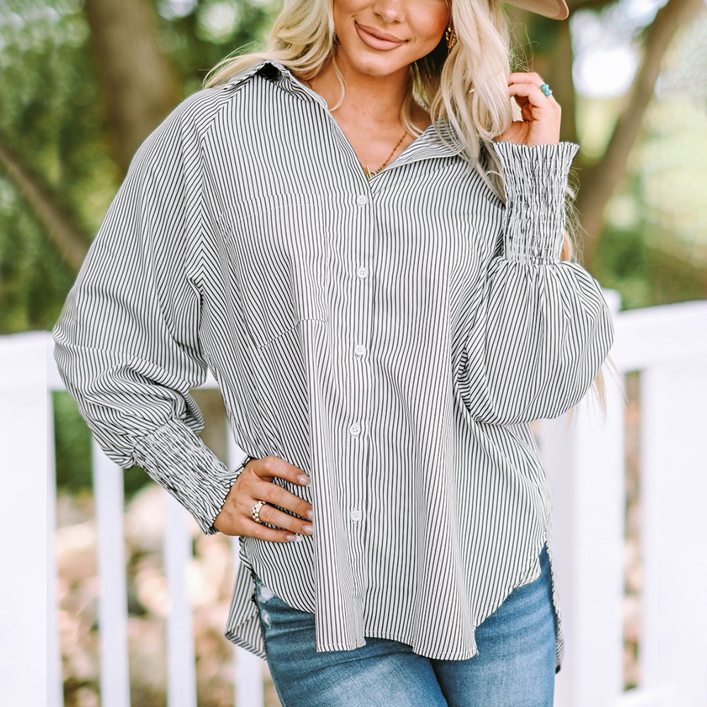 Camicia oversize a righe da donna – Abbottonata a maniche lunghe casual