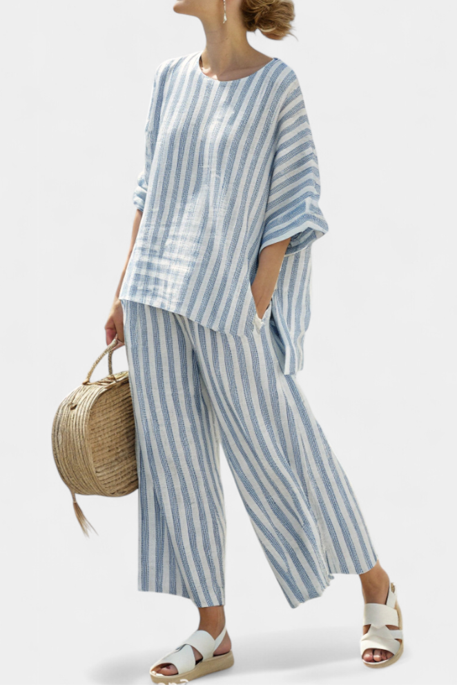 Set donna in lino a righe blu – Top leggero e pantaloni morbidi