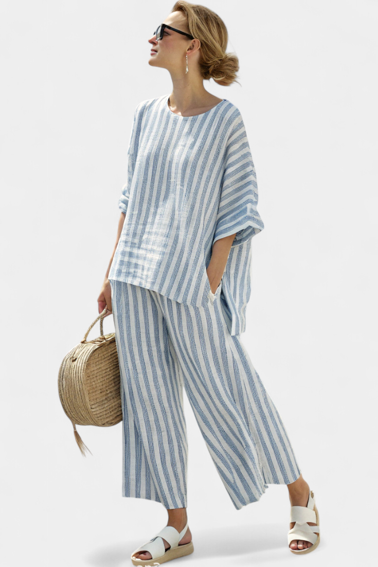 Completo donna in lino a righe blu - Top leggero e pantaloni ampi