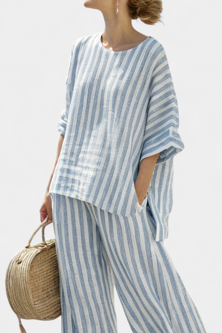 Completo donna in lino a righe blu - Top leggero e pantaloni ampi