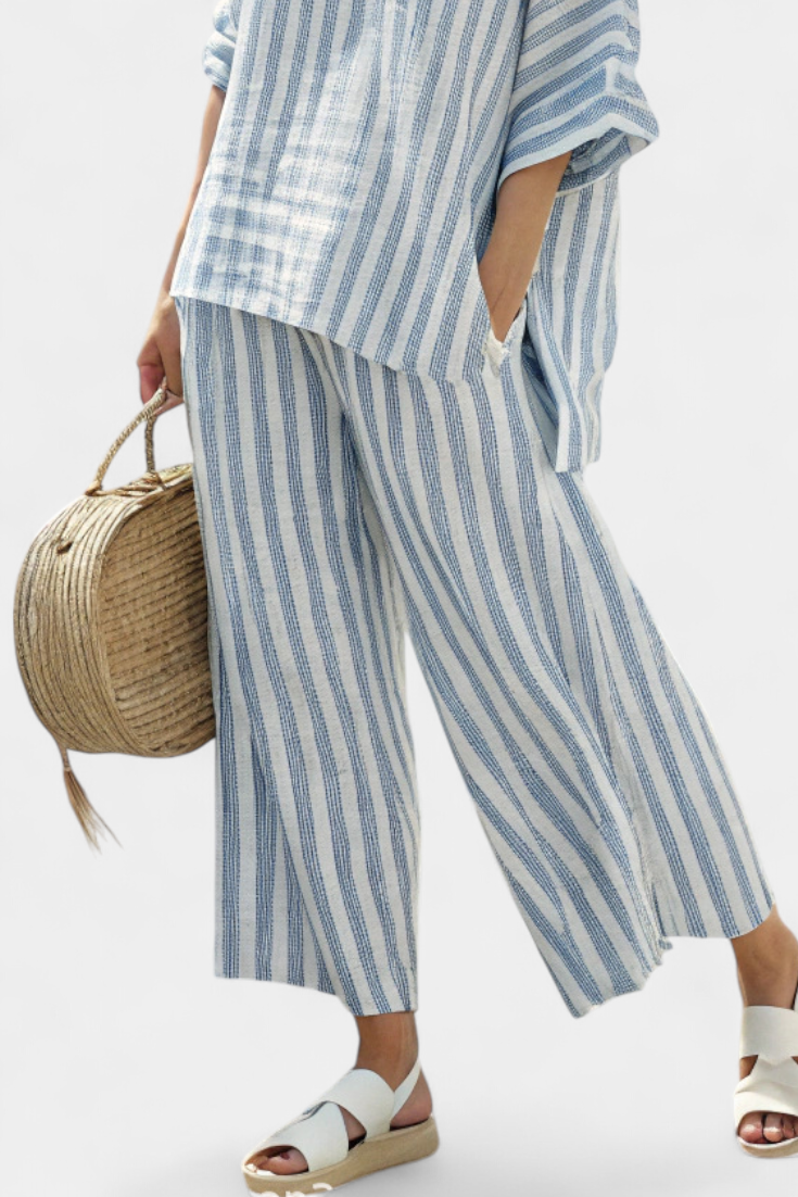 Completo donna in lino a righe blu - Top leggero e pantaloni ampi
