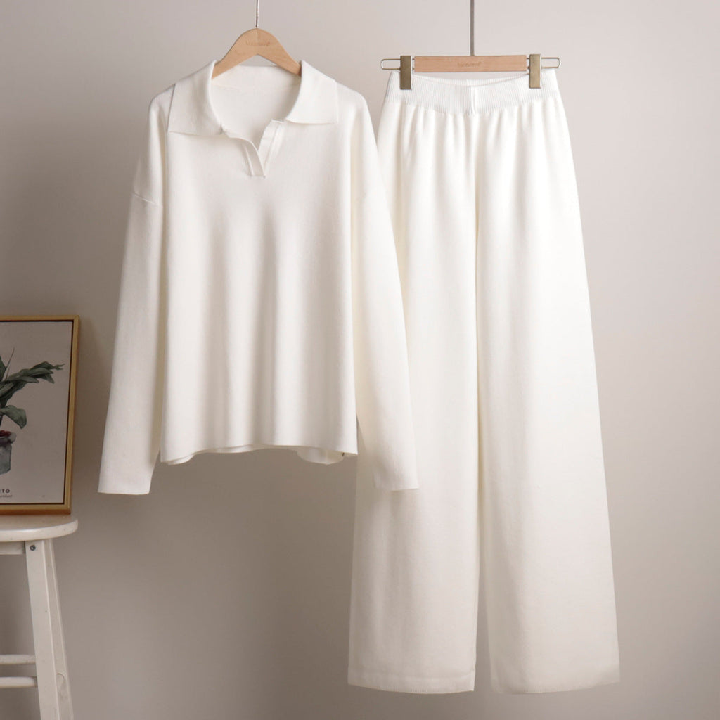 Completo casual elegante da donna - pantaloni a gamba larga e maglione polo
