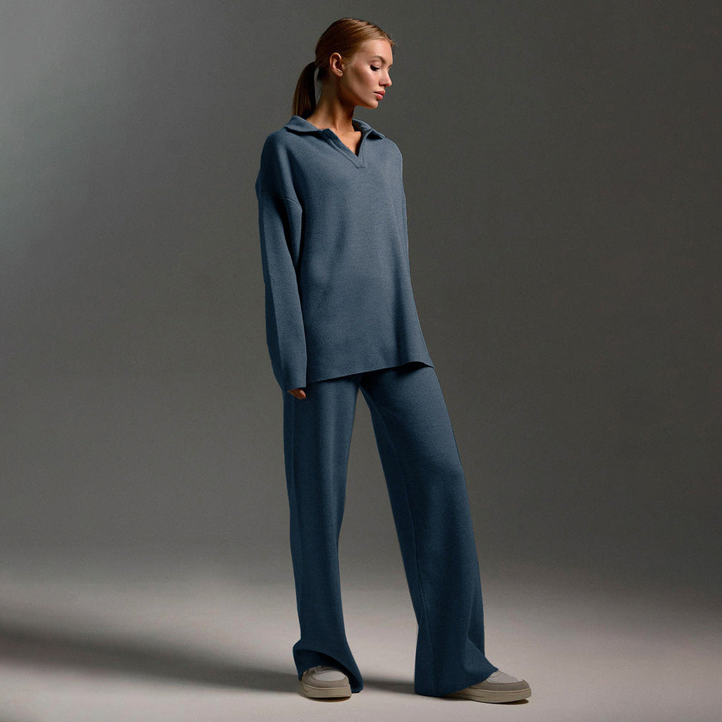 Completo da casa da donna – Set coordinato in maglia con maglione oversize, colletto e pantaloni a gamba larga